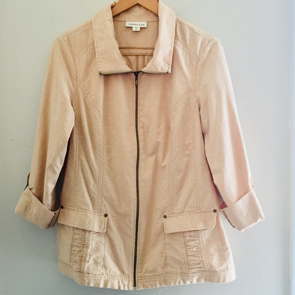 Coldwater Creek Tan/Cream Stripe Zip Up Cargo Lightweight Cotton Jacket Size 12